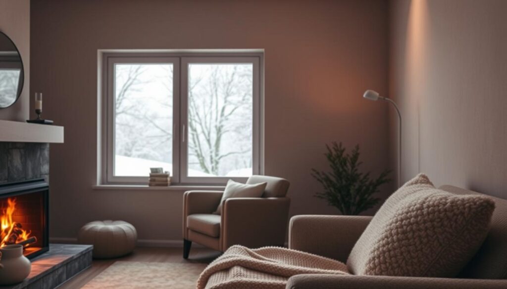 A cozy interior scene with an emphasis on a warm, inviting atmosphere. In the foreground, a comfortable armchair positioned near a crackling fireplace, its flickering flames casting a gentle glow. Soft, plush textiles and pillows add to the sense of comfort and relaxation. In the middle ground, a large window overlooks a snow-covered landscape outside, the contrast between the warm indoors and the chilly outdoors heightening the feeling of shelter and protection. The background features a neutral-toned wall, creating a simple, uncluttered backdrop that allows the central elements to take center stage. Soft, diffused lighting throughout the scene, creating a peaceful, tranquil ambiance that conveys the importance of a well-insulated, cozy living space for overall well-being and comfort. A cozy interior scene with an emphasis on a warm, inviting atmosphere. In the foreground, a comfortable armchair positioned near a crackling fireplace, its flickering flames casting a gentle glow. Soft, plush textiles and pillows add to the sense of comfort and relaxation. In the middle ground, a large window overlooks a snow-covered landscape outside, the contrast between the warm indoors and the chilly outdoors heightening the feeling of shelter and protection. The background features a neutral-toned wall, creating a simple, uncluttered backdrop that allows the central elements to take center stage. Soft, diffused lighting throughout the scene, creating a peaceful, tranquil ambiance that conveys the importance of a well-insulated, cozy living space for overall well-being and comfort.