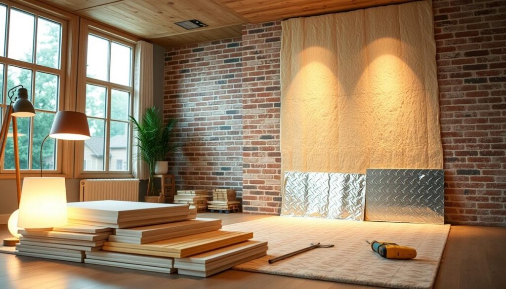 A cozy living room with a focus on insulating the interior walls. A warm, well-lit space with natural textures like wood and brick. Soft, diffused lighting from floor lamps and a large window, creating a serene, inviting atmosphere. In the foreground, a variety of insulation materials are displayed, including foam boards, mineral wool, and reflective foil panels. The middle ground showcases the installation process, with tools and materials neatly organized. The background depicts the finished wall, its surface covered in a seamless, energy-efficient insulation layer. The overall composition emphasizes the effectiveness and affordability of interior wall insulation solutions.