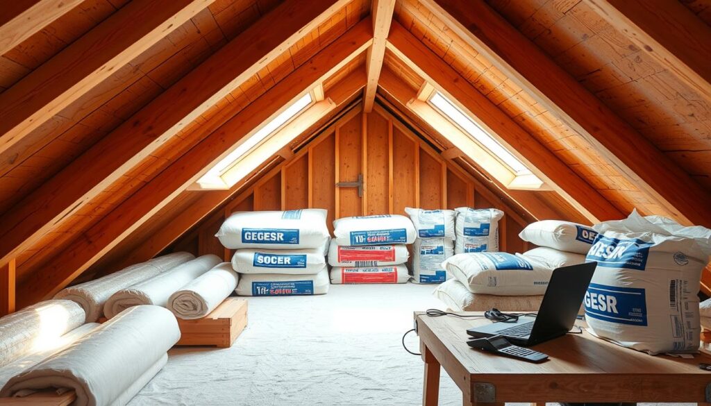 A cozy loft space, warmly illuminated by natural light streaming through skylights. An exposed wooden beam structure frames the scene, casting gentle shadows. Insulation materials, including rolls of fiberglass and bags of cellulose, are neatly arranged, ready to be installed. A laptop and calculator sit on a sturdy workbench, signifying the careful planning and budgeting process. The atmosphere conveys a sense of efficiency and practicality, as the viewer contemplates the costs and benefits of properly insulating the attic space.