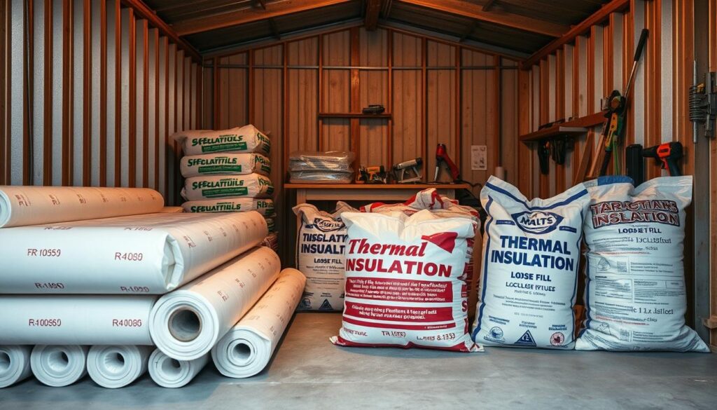 A cozy metal garage interior with various insulation materials neatly arranged. In the foreground, rolls of high-quality thermal insulation sheets, their R-values prominently displayed. In the middle ground, bags of loose-fill cellulose and fiberglass insulation, their textures and colors contrasting. In the background, a workbench with caulk guns, staple guns, and other installation tools, suggesting a DIY project underway. Warm, diffused lighting illuminates the scene, creating a sense of comfort and practicality. The overall composition conveys the necessary materials and preparation required to properly insulate a metal garage, enabling year-round temperature regulation. A cozy metal garage interior with various insulation materials neatly arranged. In the foreground, rolls of high-quality thermal insulation sheets, their R-values prominently displayed. In the middle ground, bags of loose-fill cellulose and fiberglass insulation, their textures and colors contrasting. In the background, a workbench with caulk guns, staple guns, and other installation tools, suggesting a DIY project underway. Warm, diffused lighting illuminates the scene, creating a sense of comfort and practicality. The overall composition conveys the necessary materials and preparation required to properly insulate a metal garage, enabling year-round temperature regulation.