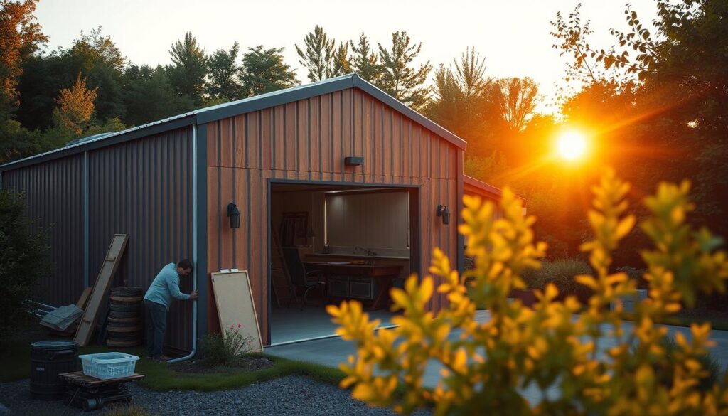 A cozy metal garage nestled in a lush, verdant landscape, its drab exterior transformed by a vibrant insulation layer. In the foreground, workers carefully apply foam panels, sealing gaps and creating a thermal barrier. The mid-ground showcases the garage's sleek, modern design, complemented by the natural surroundings. In the background, a warm, golden sunset casts a soft glow, highlighting the successful insulation project. The scene conveys a sense of efficiency, eco-friendliness, and a harmonious blend of the manmade and the natural.
