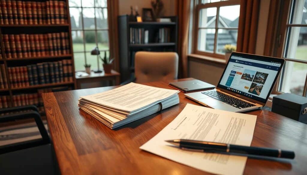 A cozy office setting with a wooden desk and a well-organized workspace. On the desk, a stack of legal documents and a laptop displaying an online real estate portal. In the background, a bookshelf filled with law books and a window overlooking a tranquil suburban neighborhood. Warm lighting illuminates the scene, creating a professional and inviting atmosphere. The focus is on the process of obtaining a property's land registry number, conveying a sense of diligence and attention to detail. A cozy office setting with a wooden desk and a well-organized workspace. On the desk, a stack of legal documents and a laptop displaying an online real estate portal. In the background, a bookshelf filled with law books and a window overlooking a tranquil suburban neighborhood. Warm lighting illuminates the scene, creating a professional and inviting atmosphere. The focus is on the process of obtaining a property's land registry number, conveying a sense of diligence and attention to detail.