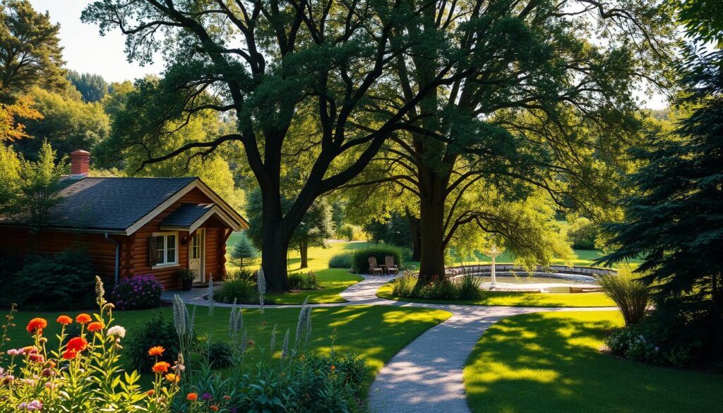 A cozy summer cottage nestled in a lush, verdant landscape. The building has a warm, rustic aesthetic with wooden siding and a pitched roof, complementing the natural surroundings. In the foreground, a well-tended garden bursts with colorful flowers and herbs. In the middle ground, a gravel path winds through the property, leading to a tranquil pond reflecting the sky. Towering trees provide dappled shade, creating a serene and peaceful atmosphere. Soft, golden sunlight filters through the foliage, illuminating the scene and casting gentle shadows. The overall impression is one of a charming, idyllic retreat, perfect for a relaxing summer getaway. A cozy summer cottage nestled in a lush, verdant landscape. The building has a warm, rustic aesthetic with wooden siding and a pitched roof, complementing the natural surroundings. In the foreground, a well-tended garden bursts with colorful flowers and herbs. In the middle ground, a gravel path winds through the property, leading to a tranquil pond reflecting the sky. Towering trees provide dappled shade, creating a serene and peaceful atmosphere. Soft, golden sunlight filters through the foliage, illuminating the scene and casting gentle shadows. The overall impression is one of a charming, idyllic retreat, perfect for a relaxing summer getaway.