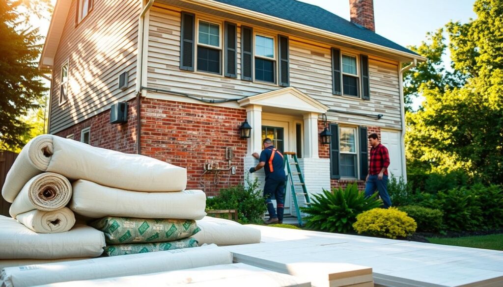 A cozy two-story house, its aging exterior walls in need of insulation. Close-up view of the front facade, showcasing the textured brickwork and weathered siding. Warm afternoon sunlight bathes the scene, casting soft shadows that accentuate the architectural details. In the foreground, various insulation materials are neatly arranged - rolls of fiberglass, bags of cellulose, and rigid foam boards. The middle ground depicts workers carefully applying the insulation, sealing gaps and crevices to improve the home's thermal efficiency. The background features a lush, verdant garden, hinting at the homeowner's desire for both energy savings and environmental sustainability.