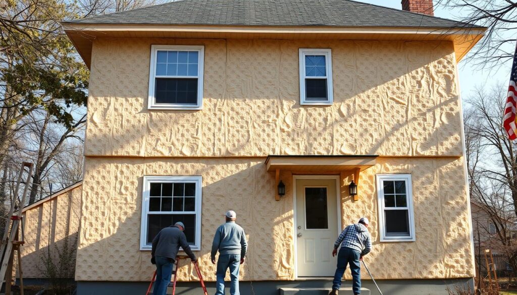 A cozy two-story house with a warm, textured exterior of light beige insulation panels. The facade is well-insulated, with clean lines and a modern, energy-efficient design. Sunlight filters through the windows, casting soft shadows and highlighting the intricate patterns of the styrofoam. In the foreground, workers carefully install the insulation, their movements precise and methodical. The scene conveys the importance of proper home insulation, showcasing the process of improving energy efficiency and comfort through the use of styrofoam. The overall atmosphere is one of quiet productivity and the promise of a well-insulated, energy-efficient home. A cozy two-story house with a warm, textured exterior of light beige insulation panels. The facade is well-insulated, with clean lines and a modern, energy-efficient design. Sunlight filters through the windows, casting soft shadows and highlighting the intricate patterns of the styrofoam. In the foreground, workers carefully install the insulation, their movements precise and methodical. The scene conveys the importance of proper home insulation, showcasing the process of improving energy efficiency and comfort through the use of styrofoam. The overall atmosphere is one of quiet productivity and the promise of a well-insulated, energy-efficient home.