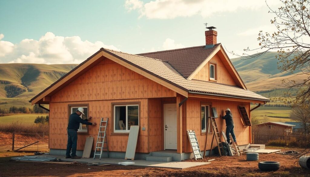 A cozy, well-insulated 150m2 house set against a backdrop of rolling green hills and a bright, sunny sky. The home's exterior features a combination of warm, earthy tones, with neatly installed insulation panels covering the walls. A team of skilled workers can be seen carefully measuring and installing the insulation, ensuring a seamless and efficient process. The scene conveys a sense of diligence and attention to detail, with the end result being a comfortable, energy-efficient dwelling. Soft, diffused lighting illuminates the scene, highlighting the texture and quality of the insulation materials. The overall mood is one of calm, efficiency, and a pride in the homeowner's investment in their property's thermal performance. A cozy, well-insulated 150m2 house set against a backdrop of rolling green hills and a bright, sunny sky. The home's exterior features a combination of warm, earthy tones, with neatly installed insulation panels covering the walls. A team of skilled workers can be seen carefully measuring and installing the insulation, ensuring a seamless and efficient process. The scene conveys a sense of diligence and attention to detail, with the end result being a comfortable, energy-efficient dwelling. Soft, diffused lighting illuminates the scene, highlighting the texture and quality of the insulation materials. The overall mood is one of calm, efficiency, and a pride in the homeowner's investment in their property's thermal performance.