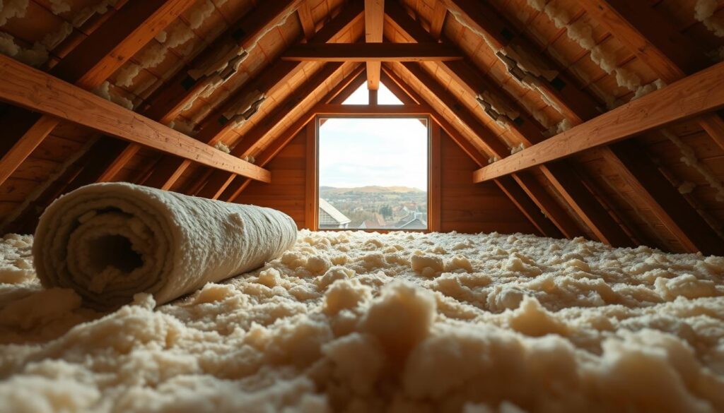 A cozy, well-insulated attic interior with rolls of high-quality mineral wool insulation material in the foreground. The insulation is a light, fluffy texture with a subtle earthy tone. The middle ground showcases the attic's wooden beams and joists, casting warm, diffused lighting throughout the space. In the background, a view of the sky and rooftops through a large, open window, creating a sense of airiness and connection to the outdoors. The overall atmosphere is one of comfort, energy efficiency, and attention to sustainable building practices. A cozy, well-insulated attic interior with rolls of high-quality mineral wool insulation material in the foreground. The insulation is a light, fluffy texture with a subtle earthy tone. The middle ground showcases the attic's wooden beams and joists, casting warm, diffused lighting throughout the space. In the background, a view of the sky and rooftops through a large, open window, creating a sense of airiness and connection to the outdoors. The overall atmosphere is one of comfort, energy efficiency, and attention to sustainable building practices.