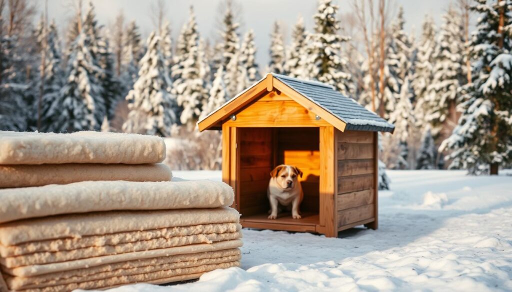 A cozy, well-insulated dog house in a winter landscape. In the foreground, various insulation materials are neatly arranged, including thick wool batting, rigid foam panels, and weatherproof exterior wraps. The middle ground shows the dog house, its wooden structure protected by the insulation, casting warm shadows in the soft, diffused lighting of an overcast day. In the background, a snowy forest creates a peaceful, serene atmosphere, hinting at the need to keep our canine companions safe and comfortable during the colder months.