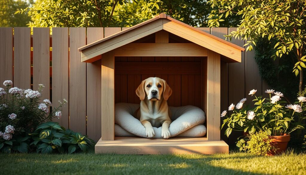 A cozy, well-insulated dog house nestled in a tranquil, sunlit backyard. The structure features sturdy wooden walls, a slanted roof, and a raised, insulated floor to protect the pup from the elements. The entrance is framed by a covered porch, providing a sheltered space for the dog to rest and play. Soft, plush bedding fills the interior, creating a comfortable retreat. Lush greenery and flowering plants surround the enclosure, adding a natural, inviting ambiance. Warm, diffused lighting casts a gentle glow, highlighting the thoughtful design and attention to the dog's well-being. The overall scene conveys a sense of safety, warmth, and a harmonious integration of the dog's living space within the tranquil outdoor environment. A cozy, well-insulated dog house nestled in a tranquil, sunlit backyard. The structure features sturdy wooden walls, a slanted roof, and a raised, insulated floor to protect the pup from the elements. The entrance is framed by a covered porch, providing a sheltered space for the dog to rest and play. Soft, plush bedding fills the interior, creating a comfortable retreat. Lush greenery and flowering plants surround the enclosure, adding a natural, inviting ambiance. Warm, diffused lighting casts a gentle glow, highlighting the thoughtful design and attention to the dog's well-being. The overall scene conveys a sense of safety, warmth, and a harmonious integration of the dog's living space within the tranquil outdoor environment.