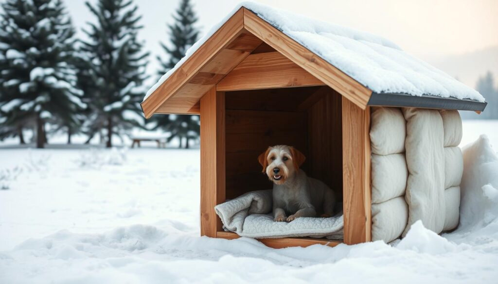 A cozy, well-insulated dog house set in a snowy winter landscape. The foreground features a wooden dog house with a peaked roof, neatly framed by thick insulation panels that have been carefully installed to trap heat. The interior is visible through the open door, revealing a warm, inviting space with a soft bedding. In the middle ground, there is a dusting of fresh snow on the ground, and a few pine trees in the background create a serene, peaceful atmosphere. The lighting is soft and diffused, conveying a sense of calm and comfort. The overall mood is one of practicality and care, with the insulation ensuring the dog's safety and well-being during the cold winter months. A cozy, well-insulated dog house set in a snowy winter landscape. The foreground features a wooden dog house with a peaked roof, neatly framed by thick insulation panels that have been carefully installed to trap heat. The interior is visible through the open door, revealing a warm, inviting space with a soft bedding. In the middle ground, there is a dusting of fresh snow on the ground, and a few pine trees in the background create a serene, peaceful atmosphere. The lighting is soft and diffused, conveying a sense of calm and comfort. The overall mood is one of practicality and care, with the insulation ensuring the dog's safety and well-being during the cold winter months.