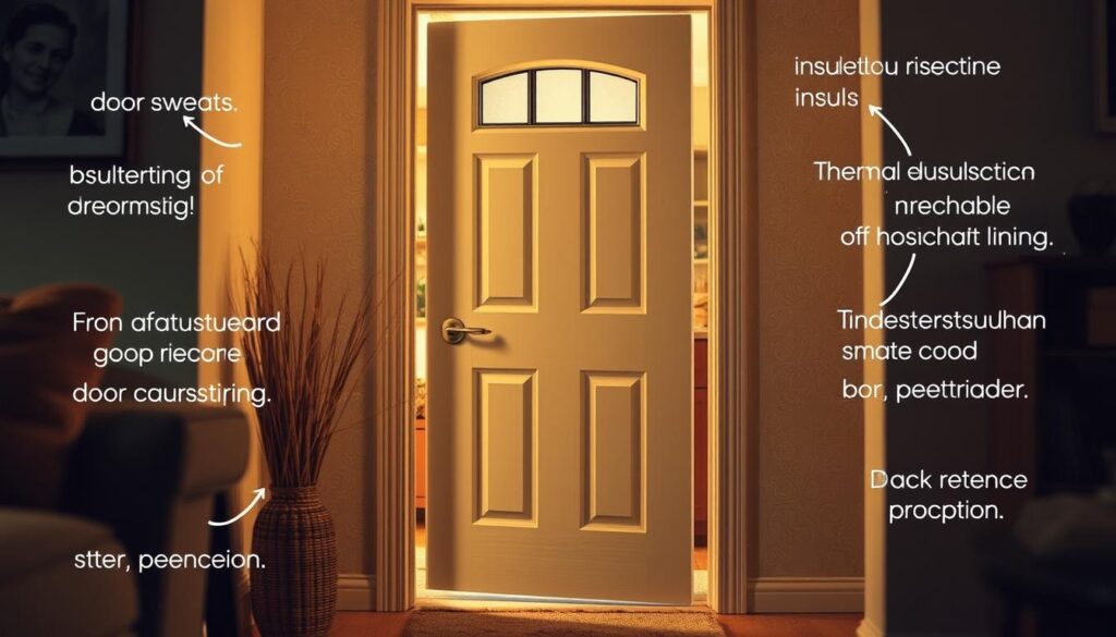 A cozy, well-insulated door in a warm, inviting household setting. The door is the focal point, showcasing various insulation techniques like weatherstripping, door sweeps, and thermal lining. Soft, diffused lighting illuminates the scene, creating a comforting atmosphere. The background features a hint of a tidy, organized interior, conveying a sense of energy efficiency and heat retention. The composition emphasizes the door's role in preventing heat loss, with attention to practical details that homeowners can implement. The overall mood is one of practical, comfortable home improvement.