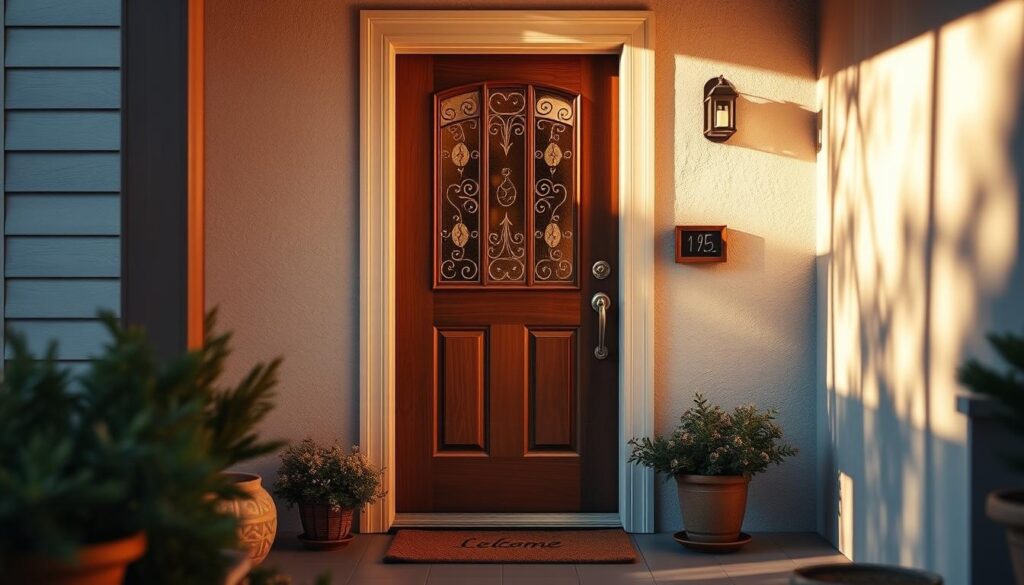 A cozy, well-insulated entryway featuring a wooden front door with weatherstripping and a thermal-efficient glass pane. Soft, diffused light illuminates the space, casting warm shadows on the surroundings. The door is flanked by insulated panels, blending seamlessly into the facade. Potted plants and a rustic welcome mat add inviting touches. The scene conveys a sense of comfort and energy-efficiency, perfectly capturing the idea of "warming up" a home's entrance.