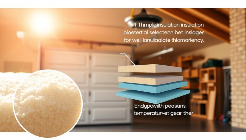 A cozy, well-insulated garage door bathed in warm, natural light, showcasing the benefits of thermal insulation. In the foreground, a close-up view highlights the seamless integration of the insulation materials, emphasizing their high R-value and ability to retain heat. In the middle ground, a cutaway reveals the multilayered construction, with carefully selected insulation panels providing exceptional thermal resistance. The background depicts a comfortable, energy-efficient garage interior, where the occupants can enjoy a pleasant temperature year-round, thanks to the effective insulation of the garage door. The overall composition conveys a sense of comfort, efficiency, and the practical advantages of investing in a well-insulated garage door.