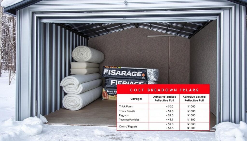 A cozy, well-insulated garage in a chilly winter landscape. The garage's exterior is a sleek, silver metal shell, contrasting with the snowy backdrop. The interior is brightly lit, revealing an array of insulation materials neatly organized – thick foam panels, rolls of fiberglass, and adhesive-backed reflective foil. A detailed cost breakdown chart is displayed prominently, outlining the different insulation options and their respective prices. The scene conveys a practical, informative atmosphere, guiding the viewer through the process of insulating a metal garage for maximum efficiency and cost-effectiveness. A cozy, well-insulated garage in a chilly winter landscape. The garage's exterior is a sleek, silver metal shell, contrasting with the snowy backdrop. The interior is brightly lit, revealing an array of insulation materials neatly organized – thick foam panels, rolls of fiberglass, and adhesive-backed reflective foil. A detailed cost breakdown chart is displayed prominently, outlining the different insulation options and their respective prices. The scene conveys a practical, informative atmosphere, guiding the viewer through the process of insulating a metal garage for maximum efficiency and cost-effectiveness.