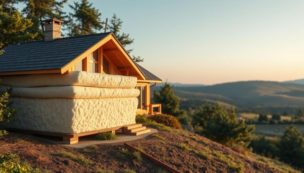 A cozy, well-insulated home nestled among lush greenery, with a focus on the insulation materials used in its construction. In the foreground, an expertly crafted cross-section showcases the different layers of high-performance thermal insulation, including rigid foam boards, blown-in cellulose, and carefully installed vapor barriers. The middle ground features a warm, inviting exterior, with a blend of traditional and modern architectural elements, bathed in soft, diffused natural lighting. In the background, a serene landscape of rolling hills and a clear blue sky creates a tranquil, harmonious atmosphere, emphasizing the importance of energy-efficient, environmentally-conscious building practices. The overall scene conveys a sense of comfort, sustainability, and the crucial role of proper insulation in creating a cozy, energy-efficient home.