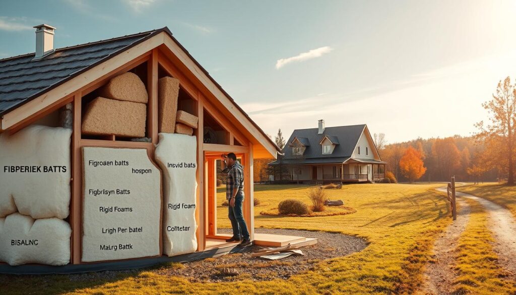 A cozy, well-insulated house nestled in a serene, pastoral landscape. In the foreground, a detailed cross-section of the home's exterior wall, showcasing various insulation materials - from fiberglass batts to rigid foam panels, each meticulously labeled. The middle ground features a homeowner meticulously inspecting the insulation, a look of satisfaction on their face. In the background, a softly-lit autumn scene with vibrant foliage and a winding path leading to the house, conveying a sense of warmth and energy efficiency. Lit by a soft, diffused natural light that casts gentle shadows, the image exudes a calm, informative atmosphere, perfectly suited to illustrate the topic of "Sposoby na termoizolację".