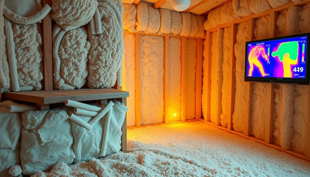 A cozy, well-insulated interior with soft, warm lighting. In the foreground, a cross-section of wall construction reveals insulation materials - fiberglass batts, rigid foam boards, and blown-in cellulose. The middle ground showcases various insulation installation techniques, such as properly sealed joints and staggered seams. In the background, a thermal imaging camera display shows heat signatures, highlighting the effectiveness of the insulation. The overall scene conveys a sense of comfort, energy efficiency, and technical expertise in home interior insulation methods.