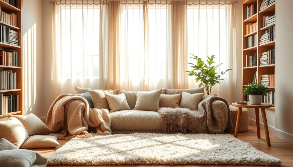 A cozy, well-insulated room bathed in warm, natural lighting. In the foreground, plush throw blankets, pillows, and a fluffy rug create a inviting seating area. Bookshelves line the walls, their contents casting soft shadows. Sheer curtains gently sway, allowing diffused sunlight to filter in. A potted plant rests on a wooden side table, its lush greenery complementing the earthy color palette. The overall atmosphere is one of comfort, relaxation, and effortless coziness - a space that has been thoughtfully layered with insulating, heat-retaining textiles and decor to maintain a cozy, welcoming ambiance.