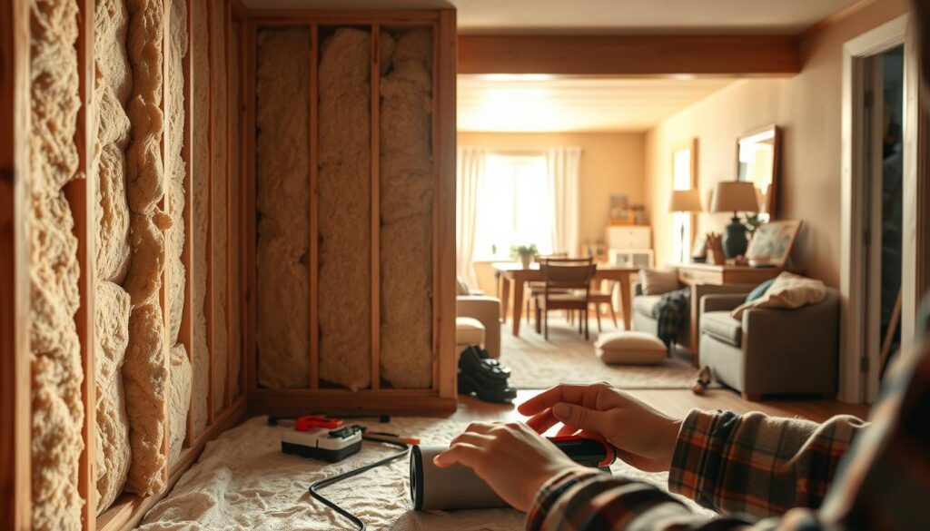 A cozy, well-lit interior scene showcasing interior insulation installation. The foreground features a pair of hands carefully applying a layer of insulation material to a wall, with tools and supplies neatly arranged. The middle ground displays a partially insulated wall, revealing the process and techniques involved. The background depicts a warm, inviting living space with natural light filtering in, highlighting the importance of proper insulation for energy efficiency and comfort. The scene conveys a sense of diligence, attention to detail, and a focus on creating a comfortable, energy-efficient home environment.