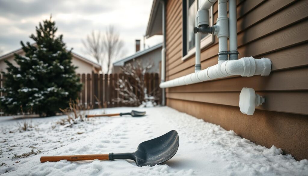 A cozy winter scene of a home's exterior, with outdoor water pipes running along the side of the house. The pipes are wrapped in thick, insulating foam, protecting them from the freezing temperatures. The sky is overcast, with a light dusting of snow covering the ground, creating a serene and picturesque atmosphere. In the foreground, a shovel and insulation materials are neatly arranged, indicating recent winterization efforts. The lighting is soft and natural, casting a warm glow on the scene. The composition emphasizes the importance of properly insulating outdoor water pipes to prevent them from freezing during the cold season.