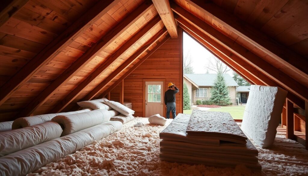 A cozy wooden attic with warm, diffused lighting gently illuminating the exposed beams and rafters. In the foreground, various insulation materials - rolls of fiberglass, bags of cellulose, and sheets of rigid foam - are neatly arranged, showcasing the best methods for insulating the wooden ceiling. The middle ground features a worker carefully installing the insulation, using specialized tools to ensure proper fit and sealing. The background depicts the exterior of the house, with a well-manicured lawn and mature trees, suggesting the overall energy-efficient and environmentally-friendly nature of the project.