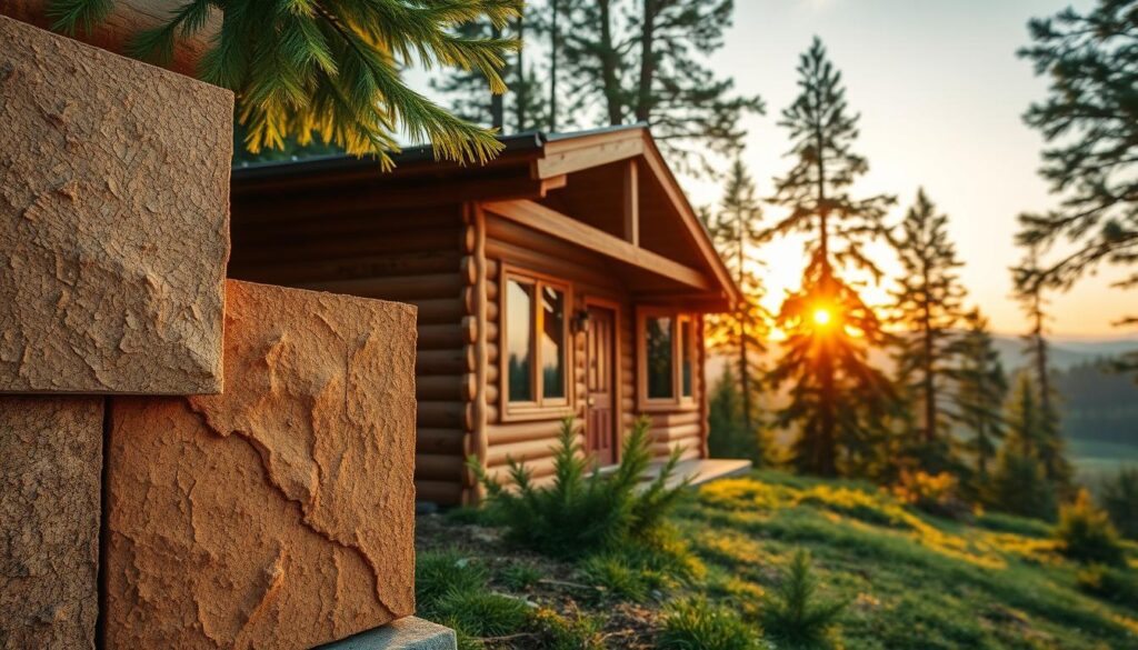 A cozy wooden cabin nestled in a lush forest, its exterior walls adorned with a variety of insulation methods. In the foreground, a close-up view showcases different textured panels, ranging from natural wood fiber to high-tech foam, each offering varying degrees of thermal protection. The middle ground features a wider perspective, revealing the cabin's overall design and integration of the insulation techniques. The background depicts a serene landscape, with towering evergreens and a warm, golden sunset glow illuminating the scene. The image conveys a sense of rustic charm and energy-efficient living, perfectly complementing the article's focus on improving the thermal performance of wooden homes.