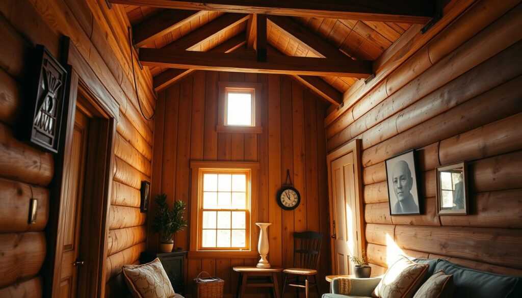 A cozy wooden cottage, its interior bathed in warm, natural light. The walls are lined with expertly installed insulation, seamlessly blending into the rustic wooden paneling. A well-placed window allows a soft, diffused glow to filter in, creating a serene and inviting atmosphere. The wooden beams overhead add a touch of charm, while the carefully curated furnishings and decor complement the overall aesthetic. The space feels both practical and charming, a testament to the thoughtful approach to improving the home's thermal efficiency without compromising its character.