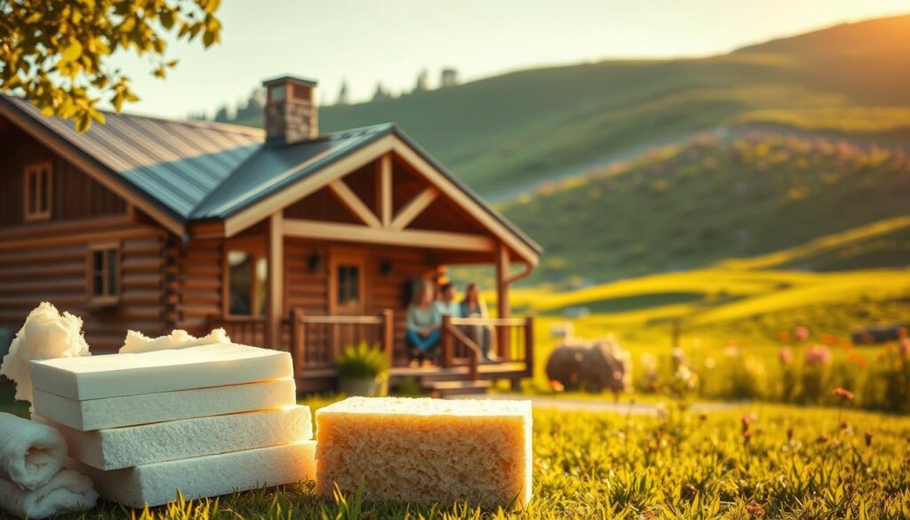 A cozy wooden house nestled in a lush, verdant landscape, its exterior bathed in warm, golden sunlight. In the foreground, a charming array of insulation materials - fluffy fiberglass, rigid foam panels, and natural wool batts - symbolizing the benefits of thermal efficiency. The middle ground features a family relaxing on the porch, their faces reflecting the comfort and coziness of the well-insulated home. In the background, a serene, rolling hillside dotted with vibrant wildflowers, conveying a sense of harmony between the natural and the built environment. Soft, diffused lighting creates a tranquil, inviting atmosphere, highlighting the inherent beauty of the wooden facade and the advantages of thermal insulation.