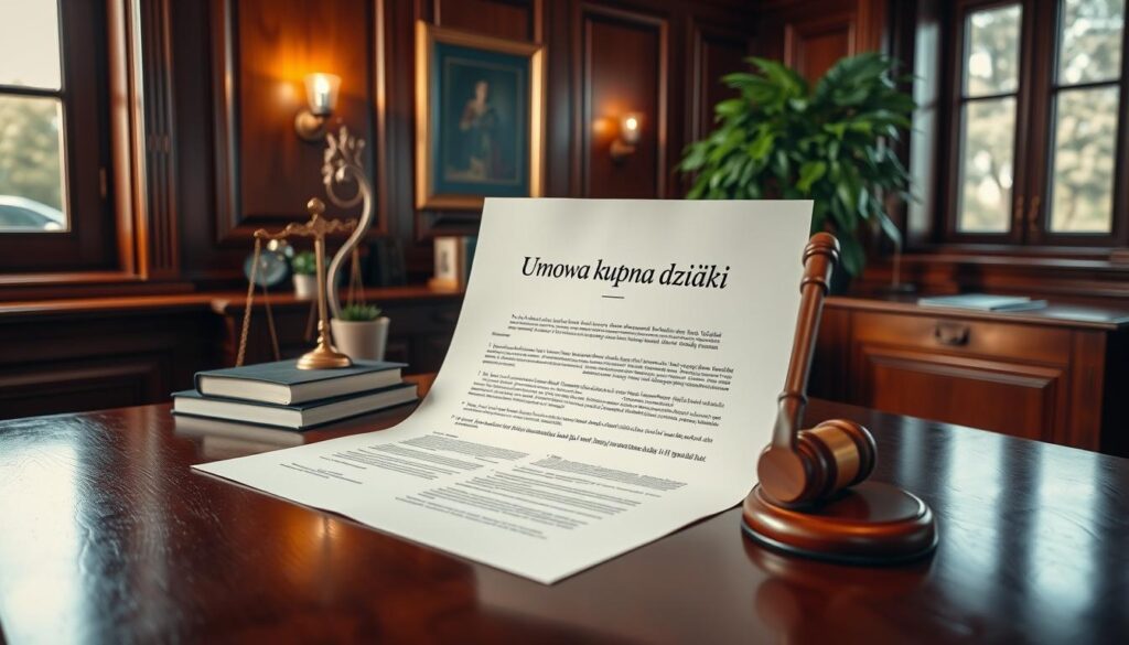 A crisp, clean contract document with a title "Umowa kupna działki" prominently displayed, surrounded by an elegant, formal wood-paneled office setting. The document is positioned on a well-polished, mahogany desk, bathed in warm, directional lighting from a large window to the side. Tasteful legal-themed decor such as a gavel, law books, and a potted plant accent the scene, conveying a sense of authority and professionalism. The overall mood is one of confidence, trust, and attention to detail, reflecting the gravity of the real estate transaction.
