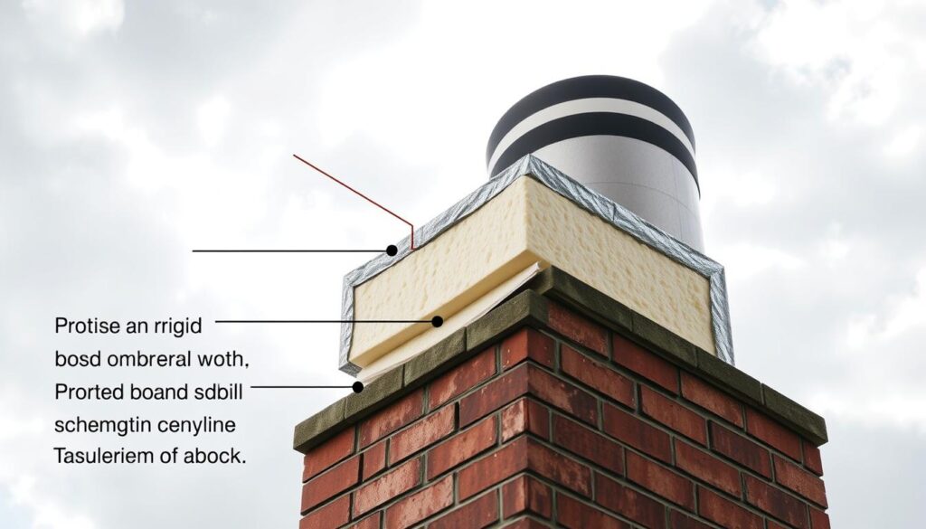 A cross-section of a brick chimney stack against a bright, overcast sky. The chimney is detailed with layers of insulation materials, including rigid foam boards, mineral wool, and a protective outer shell. Sunlight filters through the clouds, casting soft shadows that accentuate the textures of the materials. The composition emphasizes the importance of proper insulation for maintaining the structural integrity and thermal efficiency of the chimney. The overall mood is informative and educational, inviting the viewer to consider the key details of chimney insulation. A cross-section of a brick chimney stack against a bright, overcast sky. The chimney is detailed with layers of insulation materials, including rigid foam boards, mineral wool, and a protective outer shell. Sunlight filters through the clouds, casting soft shadows that accentuate the textures of the materials. The composition emphasizes the importance of proper insulation for maintaining the structural integrity and thermal efficiency of the chimney. The overall mood is informative and educational, inviting the viewer to consider the key details of chimney insulation.