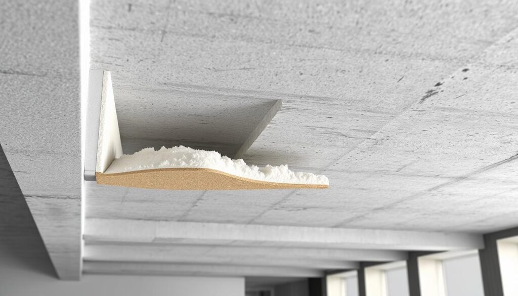 A cross-section of a concrete ceiling, with a detailed view of the insulation layer. The foreground showcases the insulation material, its texture and thickness, conveyed through a realistic and high-resolution rendering. The middle ground reveals the concrete slab above, lending a sense of depth and structure. The background hints at the surrounding architectural elements, such as the walls or framing, providing context without distracting from the main subject. The lighting is soft and diffused, creating subtle shadows that accentuate the insulation's depth and materiality. The angle is slightly elevated, allowing the viewer to appreciate the insulation's full profile and its integration within the ceiling assembly.