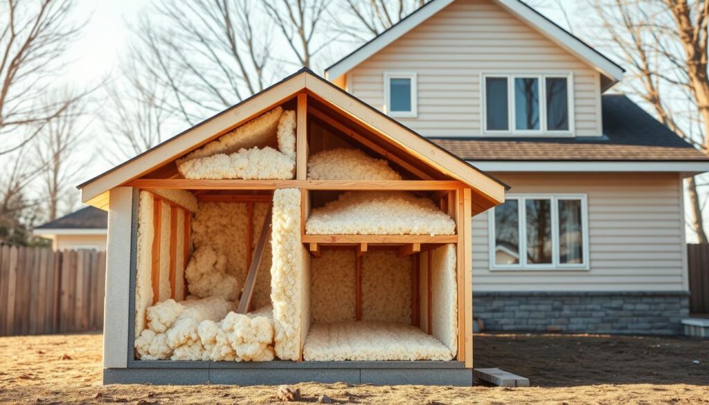A cross-section of a well-insulated modern building, showcasing multiple methods of thermal insulation. In the foreground, a detailed view of high-efficiency wall insulation, including rigid foam panels and blown-in cellulose. In the middle ground, a cutaway of the roof structure highlighting attic insulation, with blown-in fiberglass or cellulose. The background features an exterior view of the building, with insulated windows, siding, and a well-sealed foundation. The lighting is natural, creating a warm and inviting atmosphere that emphasizes the energy-efficient design. The overall scene conveys the comprehensive approaches to improving a building's thermal performance and reducing energy consumption.