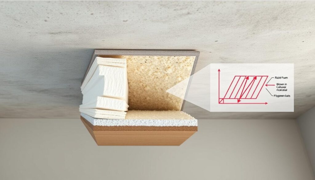 A cutaway view of a cross-section of a concrete ceiling, meticulously detailed with various methods for insulating it. The foreground showcases different insulation materials, such as rigid foam boards, blown-in cellulose, or fiberglass batts, neatly installed between the ceiling joists. The middle ground depicts the concrete slab itself, with clear delineation of its structural components. In the background, a schematic diagram illustrates the heat transfer dynamics, visualizing how the insulation helps to retain warmth within the building. The scene is illuminated by a soft, natural light, creating a calm, informative atmosphere suitable for an educational article on home improvement.