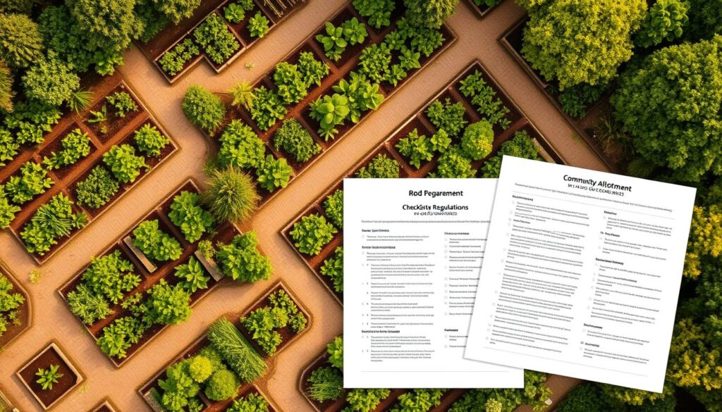 A detailed aerial view of a community garden allotment (ROD) area, showcasing the key regulations and guidelines governing its purchase. The image should depict a lush, verdant landscape with neatly organized plots, walkways, and infrastructure. Prominently displayed are the essential legal documents, regulations, and checklists that prospective allotment buyers must be aware of, presented in a clear, organized manner. The scene should convey a sense of professionalism, compliance, and the importance of understanding the legal framework surrounding the acquisition of an ROD plot. Warm, natural lighting illuminates the scene, creating an inviting and informative atmosphere.