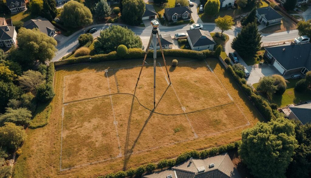 A detailed aerial view of a residential plot of land, showcasing its division into multiple parcels. The foreground depicts the parcel boundaries, with precise measurements and dimensions delineated. The middle ground features a surveyor's tripod and equipment, highlighting the process of land division. The background depicts a suburban neighborhood, with houses and trees providing a sense of the surrounding environment. The lighting is soft and natural, creating a serene and professional atmosphere. The overall composition emphasizes the technicality and precision involved in the land division process. A detailed aerial view of a residential plot of land, showcasing its division into multiple parcels. The foreground depicts the parcel boundaries, with precise measurements and dimensions delineated. The middle ground features a surveyor's tripod and equipment, highlighting the process of land division. The background depicts a suburban neighborhood, with houses and trees providing a sense of the surrounding environment. The lighting is soft and natural, creating a serene and professional atmosphere. The overall composition emphasizes the technicality and precision involved in the land division process.