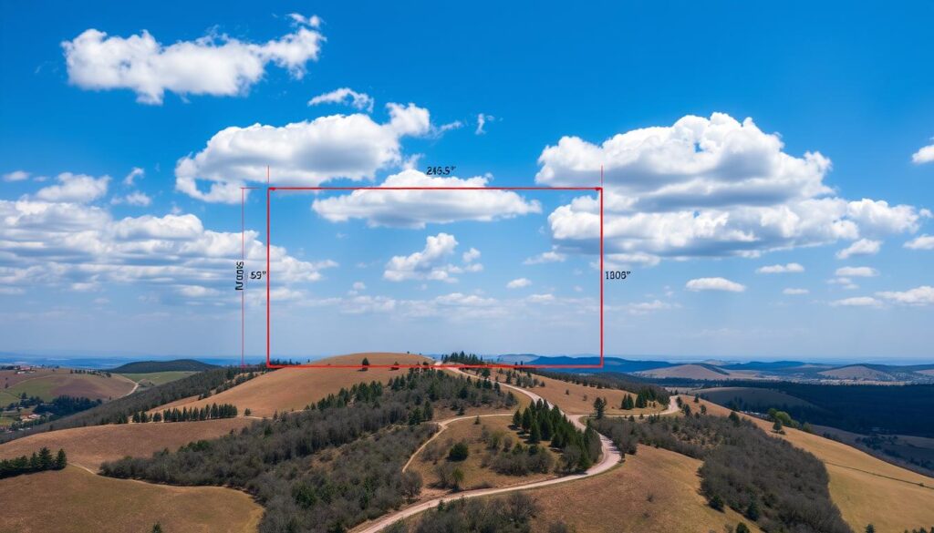A detailed aerial view of a residential property lot, surveyed and mapped with precise dimensions. The foreground shows a geometric diagram outlining the parcel's boundaries, with measurements and calculations displayed. The middle ground features a topographic landscape with rolling hills, trees, and a winding path. The background depicts a clear blue sky with fluffy white clouds, creating a sense of depth and openness. Lighting is natural and even, with shadows cast to emphasize the dimensional aspects. The overall composition conveys a methodical, informative, and visually appealing representation of how to calculate a property's surface area.