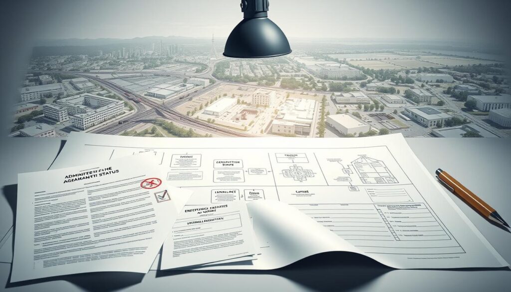 A detailed architectural blueprint of the administrative process for changing the status of a land plot, rendered in a technical, engineering style. The foreground depicts a series of official forms, stamps, and signatures representing the key steps in the procedural workflow. The middle ground showcases a detailed schematic diagram outlining the legislative regulations and bureaucratic requirements. The background features an abstract landscape of buildings, roads, and infrastructure symbolizing the broader context of urban and rural land development. Realistic lighting from an overhead technical drafting lamp casts sharp shadows, conveying a serious, analytical tone. The composition emphasizes precision, order, and systematic organization, reflecting the complex nature of the change of status procedure.