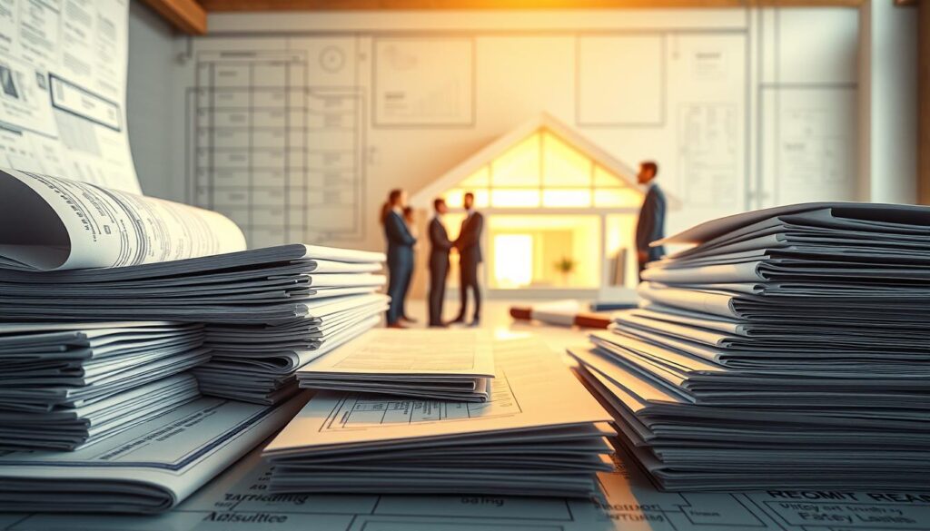 A detailed architectural blueprint of the formal construction process, showcasing the essential paperwork and legal requirements for building a house without a permit. The foreground features neatly organized stacks of documents, including construction plans, permit applications, and zoning regulations, all illuminated by a warm, directional light. The middle ground depicts a team of professionals, such as architects and lawyers, collaborating to ensure compliance with local building codes. In the background, a modern, minimalist home emerges, hinting at the end result of the carefully navigated bureaucratic journey. The overall mood conveys a sense of precision, organization, and attention to legal detail, crucial for navigating the complexities of constructing a home without the standard permitting process.