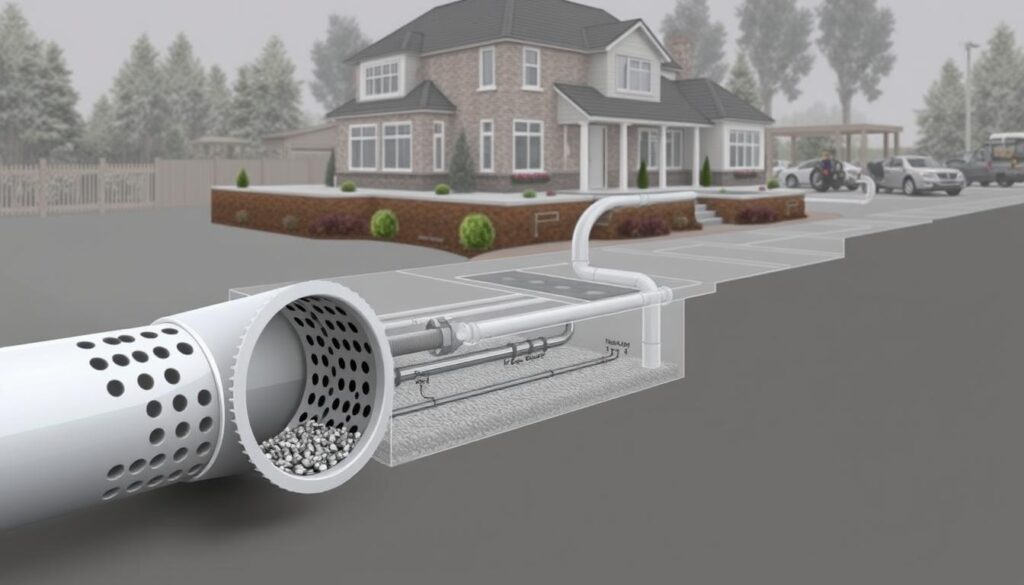 A detailed architectural diagram depicting the cross-section of a residential property, showcasing the drainage system installation. In the foreground, a close-up view of a drainage pipe with clear, labeled components, such as the perforated pipe, gravel, and surrounding soil. The middle ground features the entire drainage layout, including the pipe network, catch basins, and connections to the property's main drainage system. The background provides a wider context, revealing the property's topography, landscaping, and structures, all rendered in a technical, engineering-inspired style with muted colors and precise linework. The overall scene conveys a sense of functionality, efficiency, and attention to detail, suitable for illustrating the costs and considerations of implementing a residential drainage system.