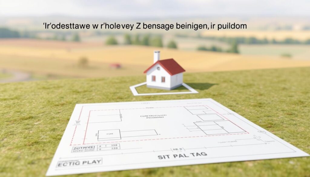 A detailed architectural diagram of a residential building plot, showcasing the key elements of Polish building regulations. The scene depicts a plot of land with a clearly defined boundary, highlighting the permissible construction area and setback requirements. The foreground features a carefully measured site plan, with precise dimensions and zoning information. The middle ground displays a 3D rendering of a modest, single-story home, adhering to the legal size restrictions. The background offers a soft, blurred landscape setting, creating a sense of context. The overall composition conveys a sense of technical precision and adherence to regulatory frameworks, suitable for illustrating the "Podstawowe przepisy dotyczące budowy domu" section.