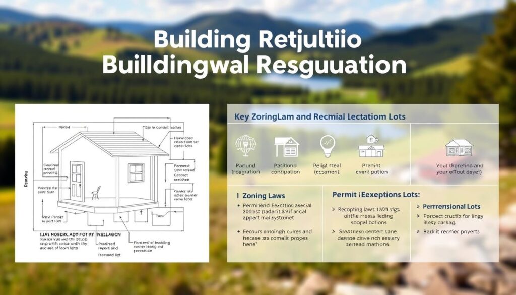 A detailed architectural diagram showcasing the building regulations for recreational properties. The foreground depicts a blueprint-like schematic layout of a small cabin or shed, with annotations and symbols indicating permitted construction specifications, such as maximum dimensions, materials, and setback requirements. In the middle ground, a series of infographic icons and text blocks explain key zoning laws and permit exceptions for recreational lots. The background features a blurred landscape of rolling hills, forests, and a tranquil lake, setting the scene for the ideal recreational property. The lighting is crisp and technical, with clean lines and a formal, instructional tone to match the regulatory subject matter.
