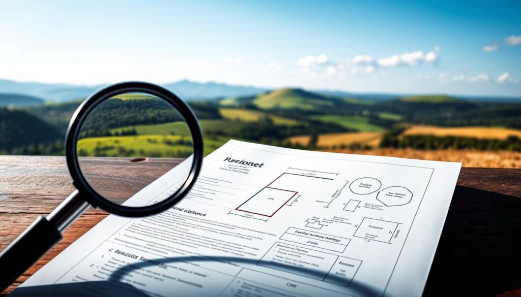 A detailed architectural diagram showcasing the key verifications needed when purchasing a land plot. The foreground depicts a magnifying glass hovering over a deed document, highlighting crucial legal and ownership details. The middle ground features a blueprint-style layout of the land parcel, with dimensions, easements, and zoning information. The background provides a picturesque landscape of rolling hills, lush greenery, and a clear blue sky, conveying a sense of tranquility and opportunity. The lighting is soft and natural, creating depth and emphasizing the important information. The overall composition guides the viewer's eye through the essential steps of a safe and informed land acquisition process.