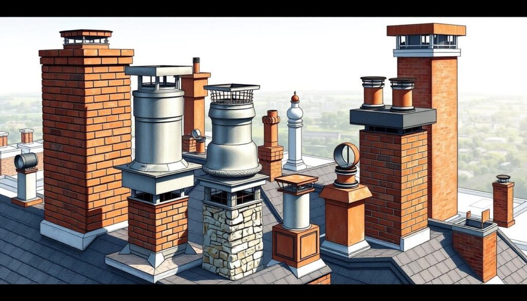 A detailed architectural illustration showcasing a variety of chimney designs, rendered in a realistic and technical style. The foreground features several chimney types, including brick, stone, and metal, each with distinct shapes, textures, and sizes. The middle ground depicts the chimneys integrated into different building structures, highlighting their functional and aesthetic roles. The background provides context, with a cityscape or rural landscape visible, emphasizing the importance of chimneys in various architectural settings. The lighting is crisp and directional, casting shadows that accentuate the dimensional qualities of the chimneys. The overall mood is one of precision and functionalism, reflecting the practical necessity of these structural elements. A detailed architectural illustration showcasing a variety of chimney designs, rendered in a realistic and technical style. The foreground features several chimney types, including brick, stone, and metal, each with distinct shapes, textures, and sizes. The middle ground depicts the chimneys integrated into different building structures, highlighting their functional and aesthetic roles. The background provides context, with a cityscape or rural landscape visible, emphasizing the importance of chimneys in various architectural settings. The lighting is crisp and directional, casting shadows that accentuate the dimensional qualities of the chimneys. The overall mood is one of precision and functionalism, reflecting the practical necessity of these structural elements.