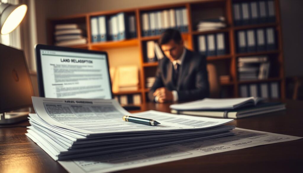 A detailed blueprint for the land reclassification process, set against a subtly illuminated office environment. In the foreground, a desk with a stack of official documents, a pen, and a computer monitor displaying relevant guidelines. In the middle ground, a person in professional attire studying the paperwork intently. The background features shelves lined with binders and reference materials, conveying the meticulous nature of the procedure. Warm, directional lighting casts a soft, contemplative glow, evoking the gravity of the administrative task at hand. The overall composition suggests a methodical, step-by-step approach to navigating the land reclassification protocol.
