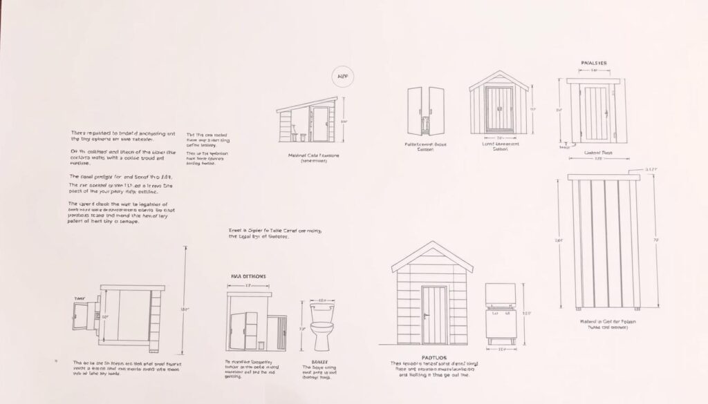 A detailed, clean-looking technical diagram of the legal regulations and requirements for building a toilet on an allotment garden plot. The scene is set against a plain white background, with a slightly warm color temperature. The diagram is composed of various technical drawings, schematics, and annotated dimensions, showing the necessary dimensions, materials, and construction methods for a legal outhouse structure. The illustrations are rendered with precision and clarity, conveying a sense of professionalism and authority. The overall tone is informative and instructive, suitable for inclusion in a technical article on the subject.