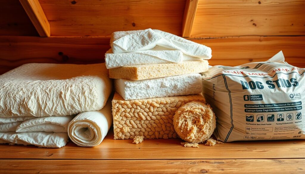 A detailed close-up of various insulation materials neatly arranged on a wooden surface, illuminated by warm, soft lighting from above. The materials include rolls of fiberglass, sheets of rigid foam, and bags of cellulose insulation. The composition highlights the textural qualities and colors of the different insulation products, conveying a sense of their practical applications for interior home insulation. The image has a clean, professional aesthetic suitable for use in an informative article about home insulation options.