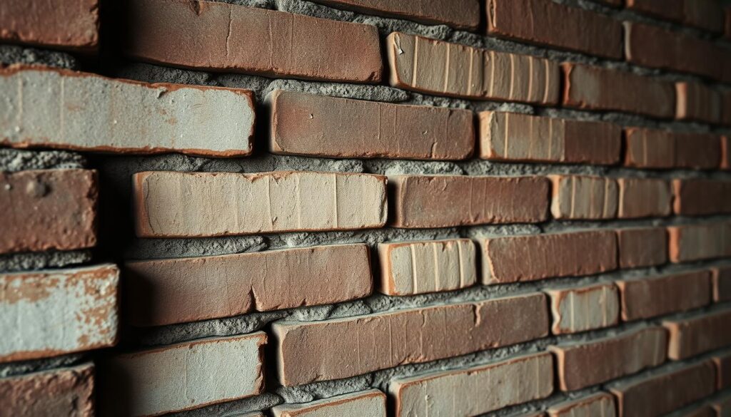 A detailed close-up view of a brick wall, showcasing the thermal bridge phenomenon. The bricks are arranged in a pattern, with some areas exhibiting discoloration and visible heat loss. The lighting is soft and diffused, creating a moody, atmospheric quality. The camera angle is slightly elevated, providing a clear view of the wall's surface texture and imperfections. The focus is sharp, highlighting the intricate brickwork and the thermal irregularities that disrupt the wall's thermal efficiency. The overall composition conveys a sense of technical study, drawing the viewer's attention to the problematic areas of the structure.