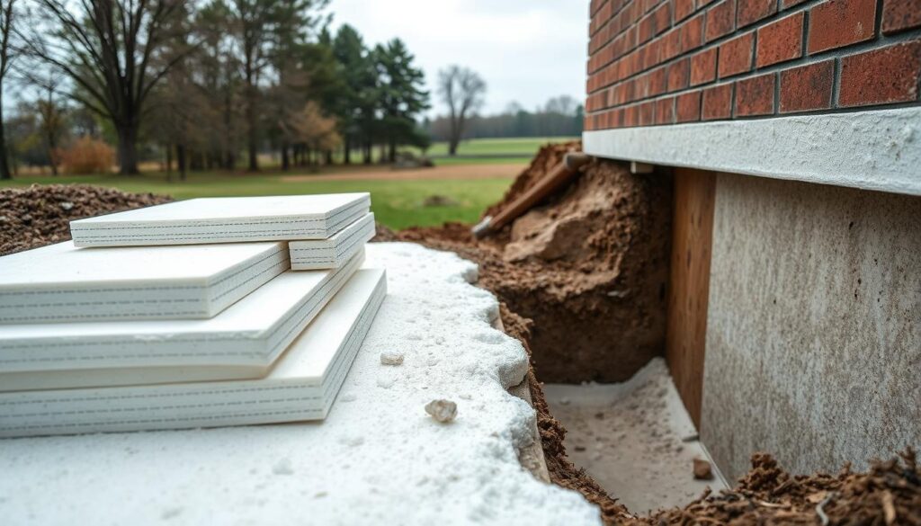 A detailed, close-up view of various insulation materials used for foundation waterproofing and thermal protection. The foreground showcases different insulation types such as rigid foam boards, spray foam, and bituminous membranes. The middle ground features a partially excavated foundation wall, highlighting the proper installation techniques. The background depicts a tranquil, overcast outdoor scene with trees and a grassy landscape, conveying a sense of environmental harmony. The lighting is soft and diffused, creating an informative yet visually appealing composition that emphasizes the technical aspects of foundation insulation.
