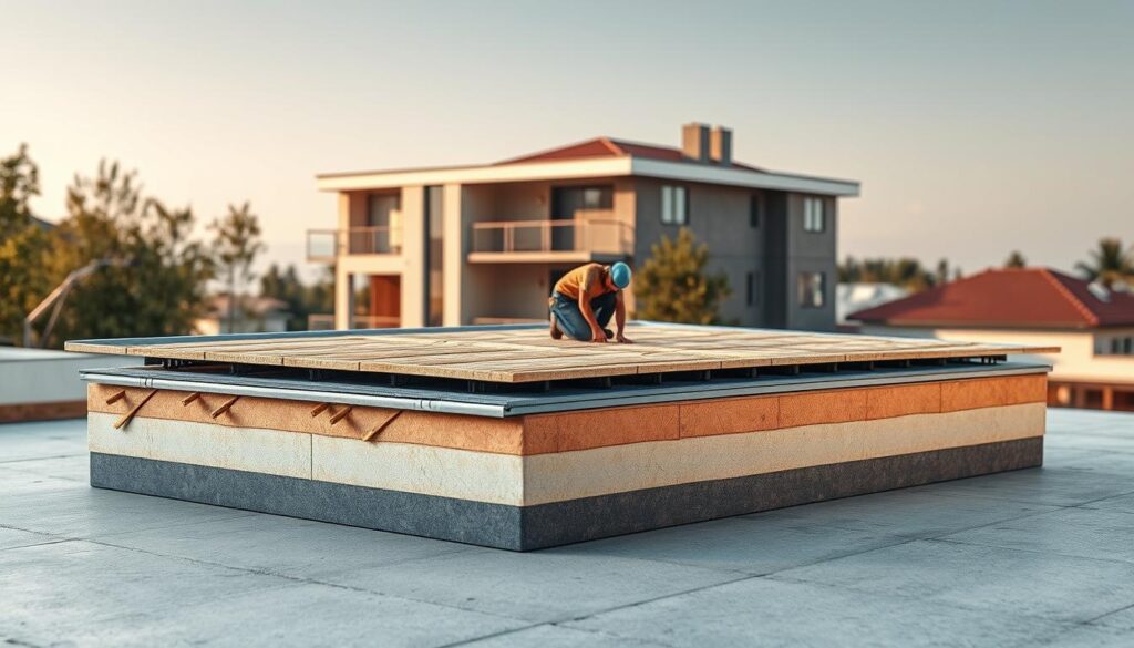 A detailed cross-section of a flat roof insulation system, showcasing various techniques and materials used for effective roof insulation. The foreground depicts the layers of the roof assembly, including the concrete slab, vapor barrier, insulation boards, and the final roofing membrane. The middle ground highlights the installation process, with workers carefully cutting and fitting the insulation panels. In the background, a modern residential building with a flat roof provides context, bathed in soft, diffused lighting that creates a calm, educational atmosphere. The overall composition emphasizes the technical aspects of roof insulation, conveying the expertise and care required for this important construction process. A detailed cross-section of a flat roof insulation system, showcasing various techniques and materials used for effective roof insulation. The foreground depicts the layers of the roof assembly, including the concrete slab, vapor barrier, insulation boards, and the final roofing membrane. The middle ground highlights the installation process, with workers carefully cutting and fitting the insulation panels. In the background, a modern residential building with a flat roof provides context, bathed in soft, diffused lighting that creates a calm, educational atmosphere. The overall composition emphasizes the technical aspects of roof insulation, conveying the expertise and care required for this important construction process.