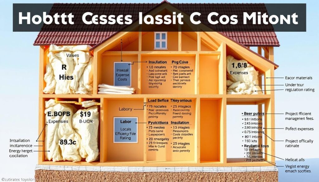 A detailed cross-section of a residential building, showcasing the various factors influencing the cost of home insulation. In the foreground, a detailed illustration of insulation materials, their R-values, and installation costs. In the middle ground, a breakdown of labor expenses, permits, and project management fees. In the background, a clear view of the building's structural elements, energy efficiency ratings, and regional climate conditions. The scene is illuminated by natural lighting, captured with a wide-angle lens to provide a comprehensive, technical overview of the key cost considerations for home insulation projects. A detailed cross-section of a residential building, showcasing the various factors influencing the cost of home insulation. In the foreground, a detailed illustration of insulation materials, their R-values, and installation costs. In the middle ground, a breakdown of labor expenses, permits, and project management fees. In the background, a clear view of the building's structural elements, energy efficiency ratings, and regional climate conditions. The scene is illuminated by natural lighting, captured with a wide-angle lens to provide a comprehensive, technical overview of the key cost considerations for home insulation projects.